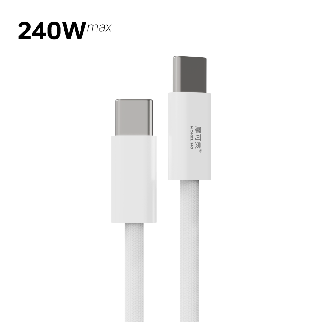 摩可灵 CH008C 白色编织屏蔽快充数据线 USB-C对C 240W 加粗5mm 480Mbps 亲肤接头外壳
